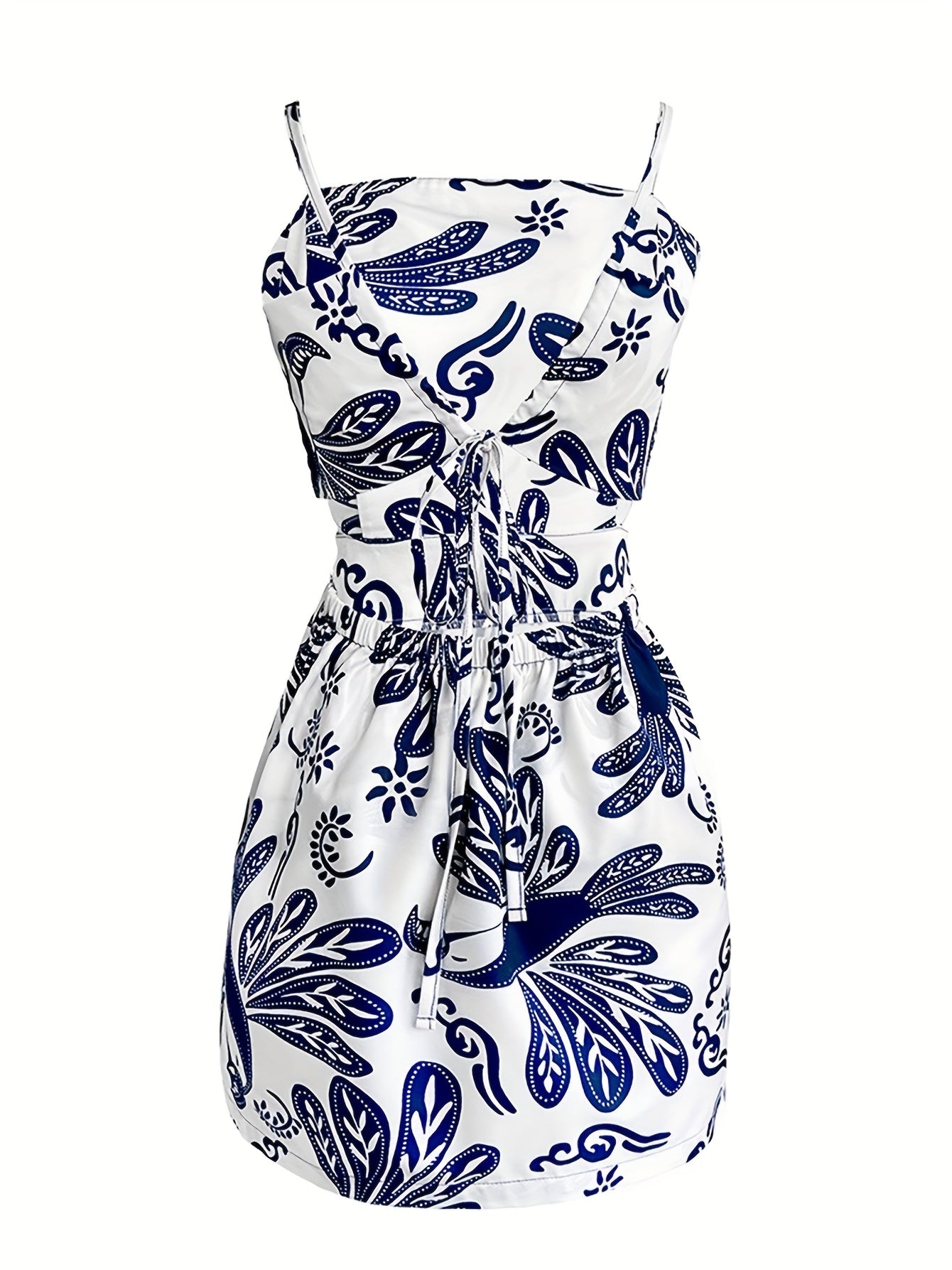 Women's Tropical Floral Print Square Neckline Backless Romper - Elastic Waist & Adjustable Back Open Design, Lightweight Breathable Wide-Leg Short Romper for Spring/Summer Casual Outings, Versatile Clothing, Fashionforward Lo